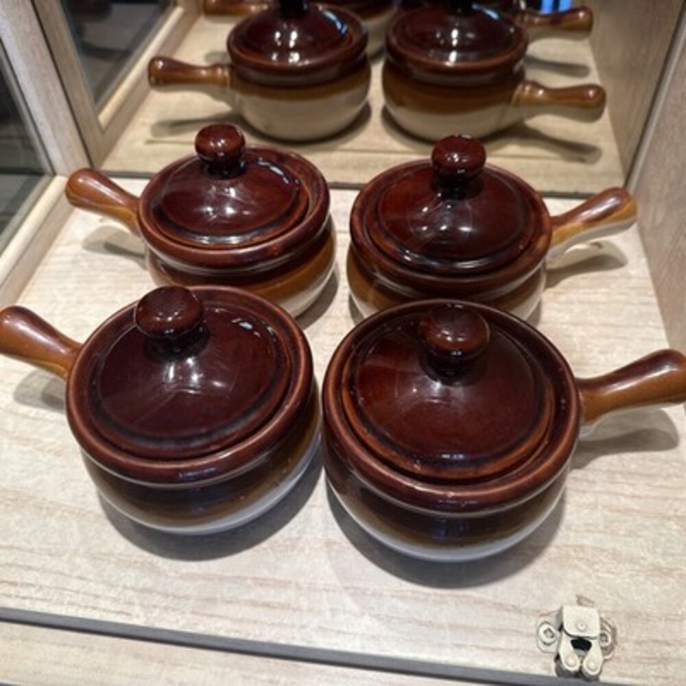 4 Vintage Brown Glazed French Onion Soup Crocks with Lids Handled Ceramic Bowls